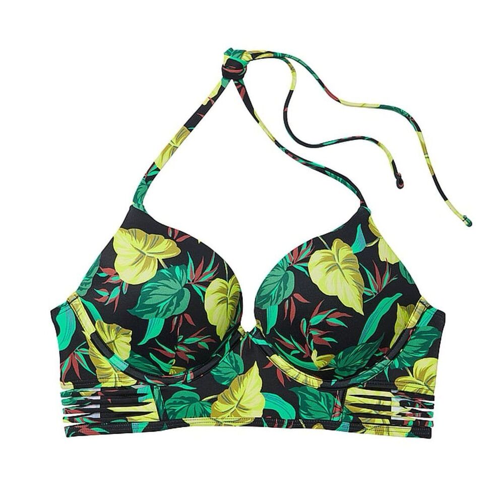 Victoria’s Secret Swim Bombshell Push-Up Longline Bikini Top Vintage Leaves 32D